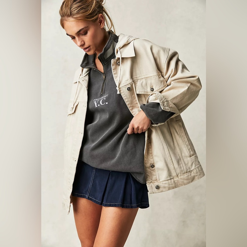 Free People We The Free Flawless Hooded Oversized Denim Trucker Jacket in Beige